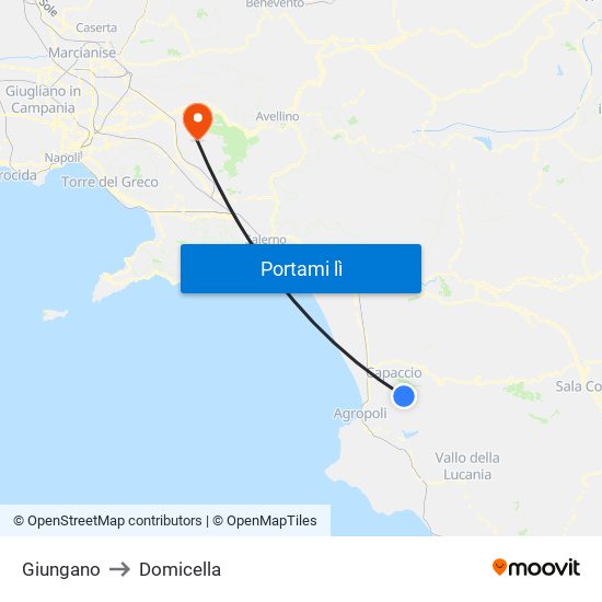 Giungano to Domicella map