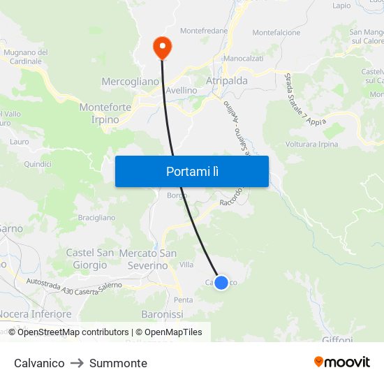 Calvanico to Summonte map
