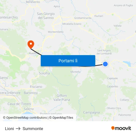 Lioni to Summonte map