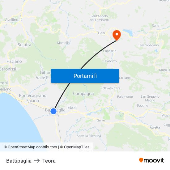 Battipaglia to Teora map