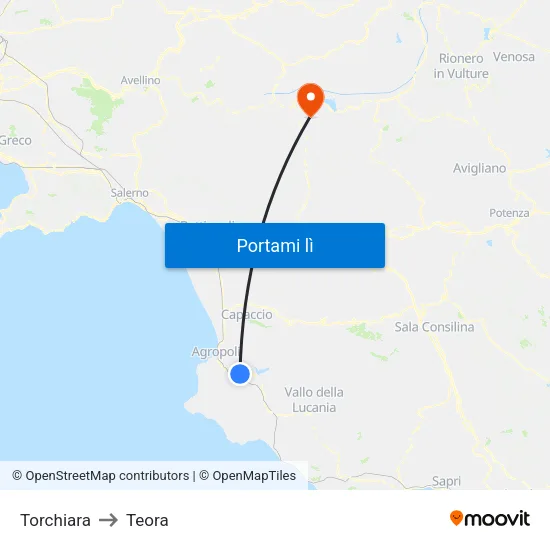Torchiara to Teora map
