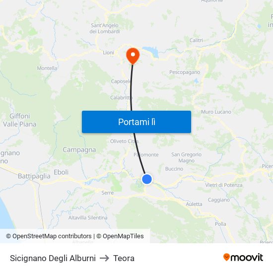 Sicignano Degli Alburni to Teora map