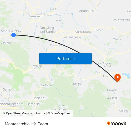 Montesarchio to Teora map
