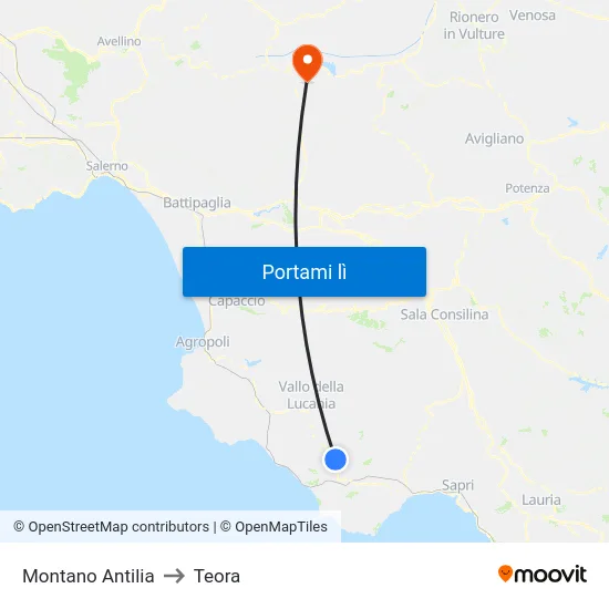 Montano Antilia to Teora map