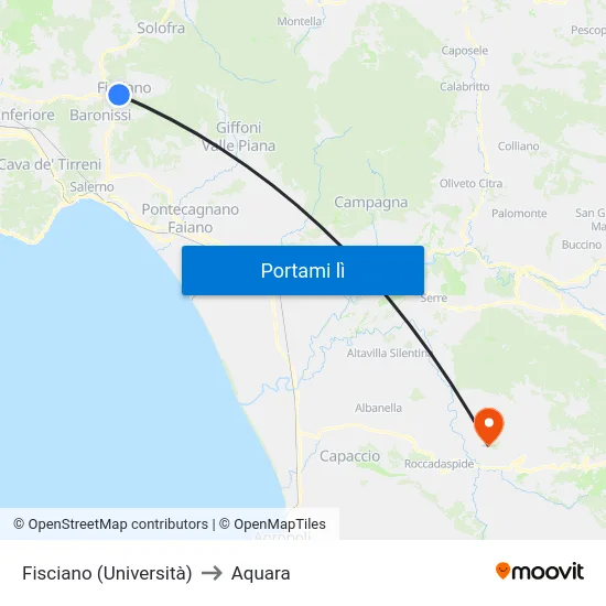 Fisciano (Università) to Aquara map
