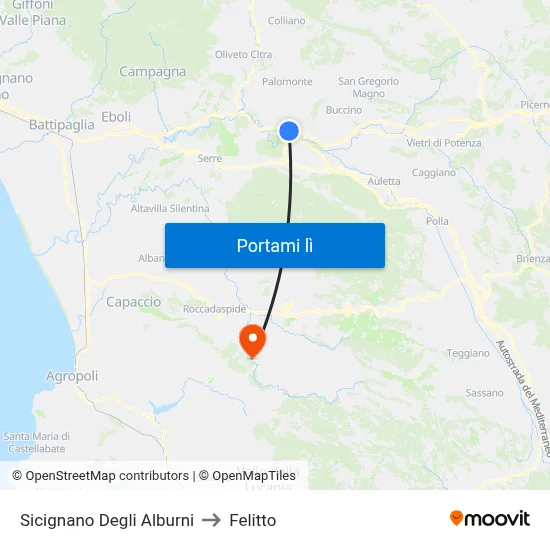 Sicignano Degli Alburni to Felitto map