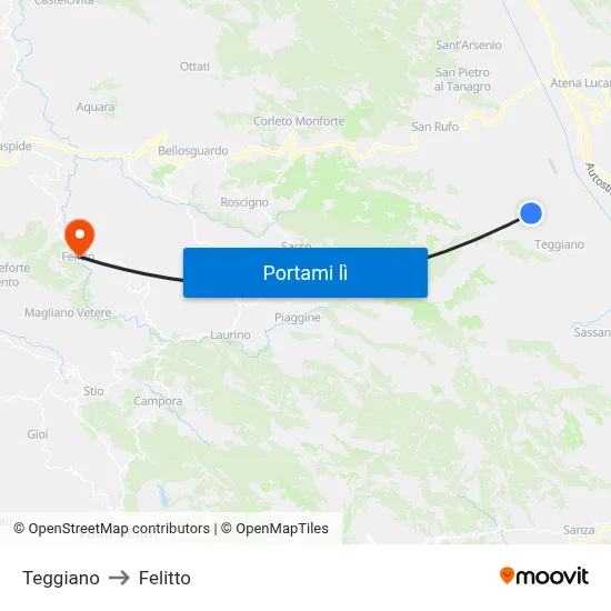 Teggiano to Felitto map