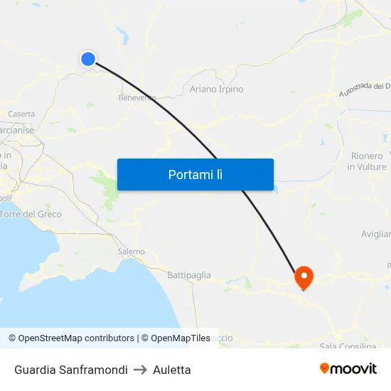 Guardia Sanframondi to Auletta map