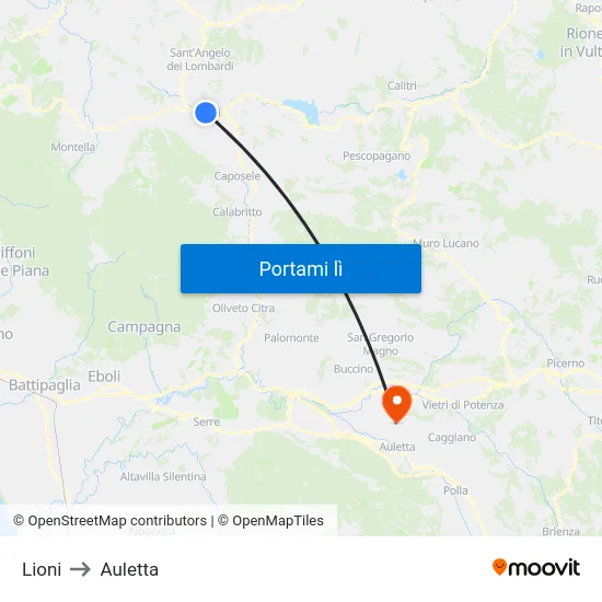 Lioni to Auletta map