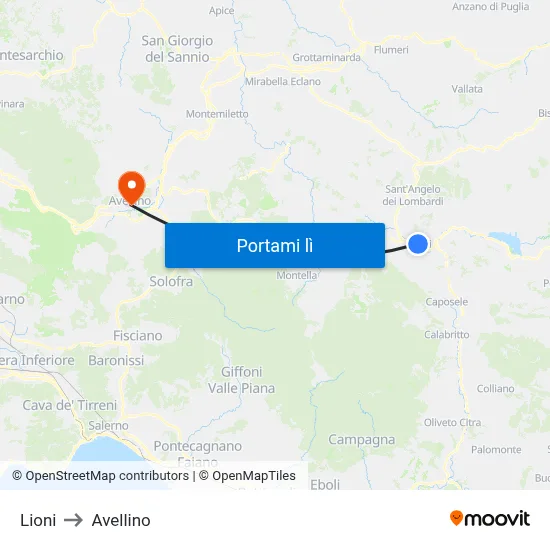 Lioni to Avellino map