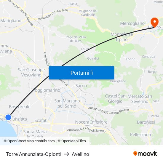 Torre Annunziata-Oplonti to Avellino map