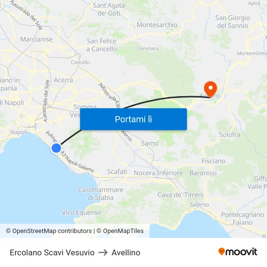 Ercolano Scavi Vesuvio to Avellino map