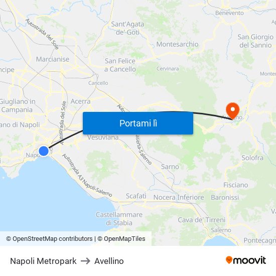 Napoli Metropark to Avellino map