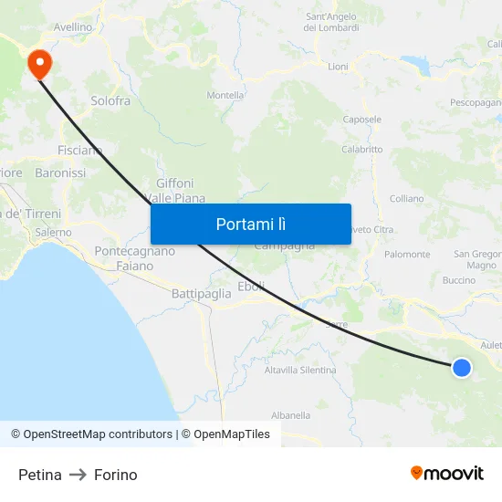 Petina to Forino map
