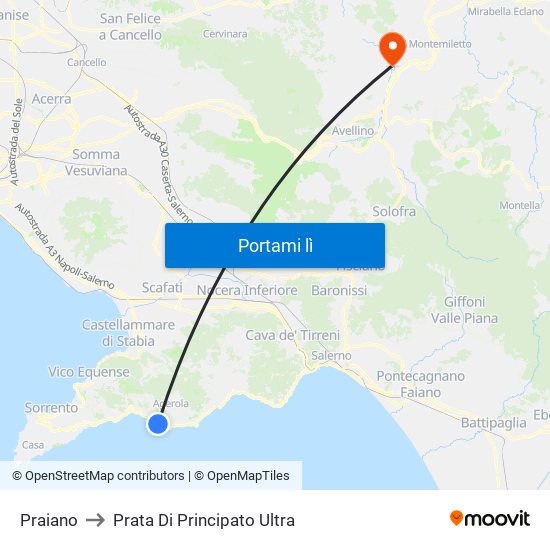 Praiano to Prata Di Principato Ultra map