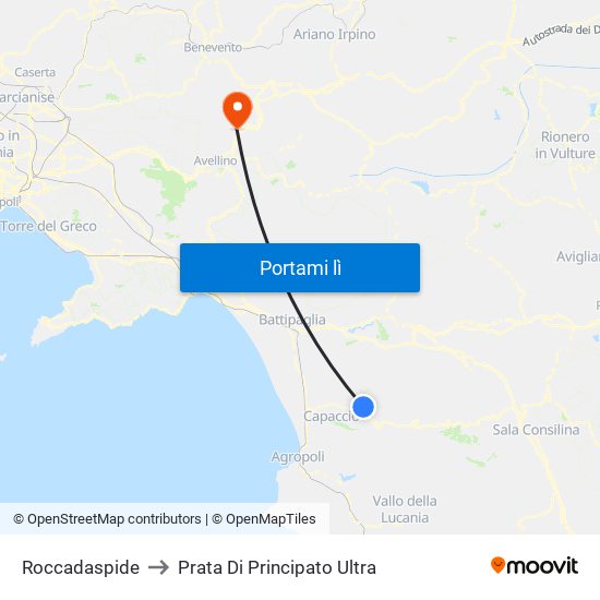 Roccadaspide to Prata Di Principato Ultra map