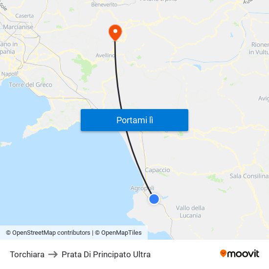 Torchiara to Prata Di Principato Ultra map