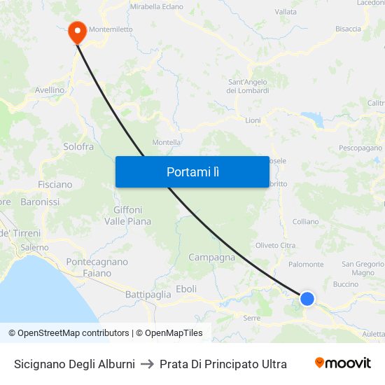 Sicignano Degli Alburni to Prata Di Principato Ultra map