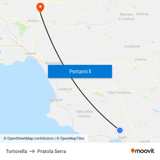 Tortorella to Pratola Serra map