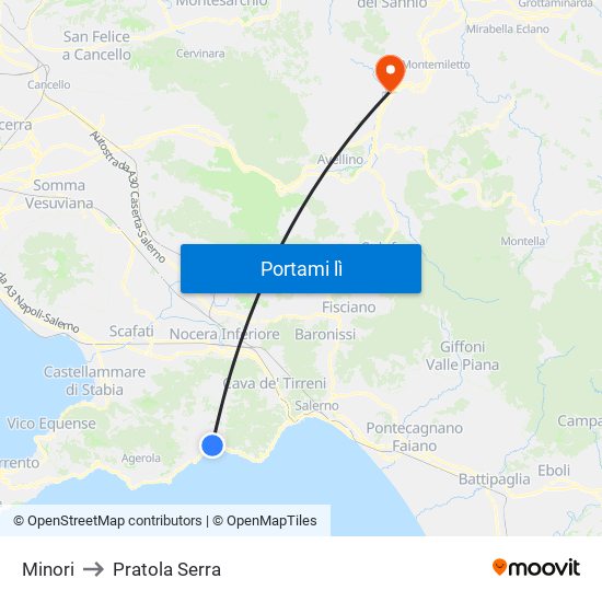 Minori to Pratola Serra map