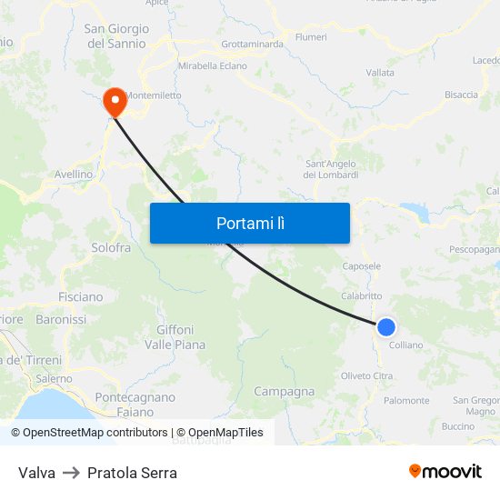 Valva to Pratola Serra map