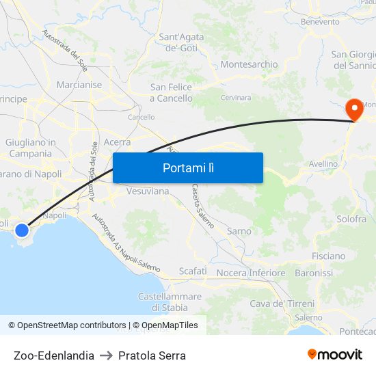 Zoo-Edenlandia to Pratola Serra map