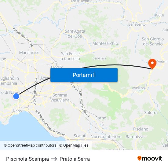 Piscinola-Scampia to Pratola Serra map