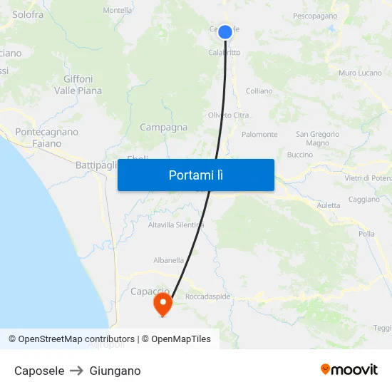 Caposele to Giungano map