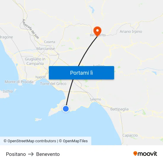 Positano to Benevento map