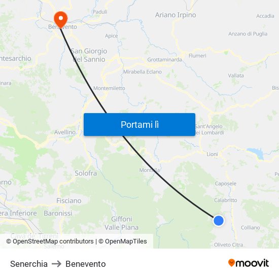 Senerchia to Benevento map