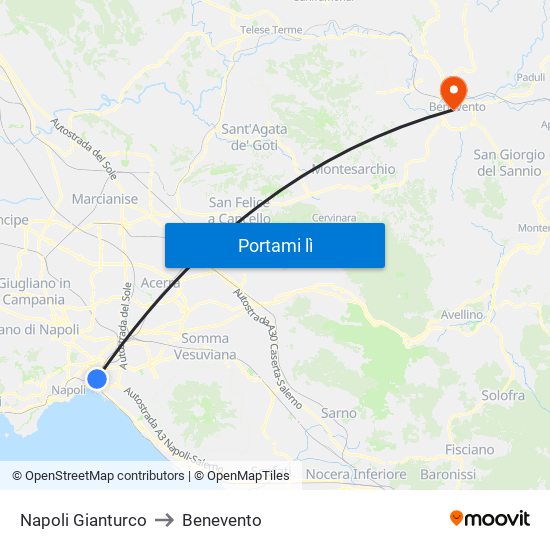 Napoli Gianturco to Benevento map