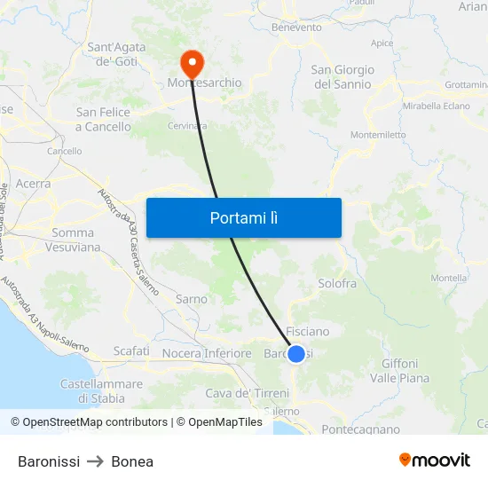 Baronissi to Bonea map