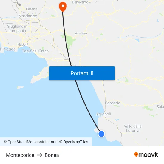 Montecorice to Bonea map