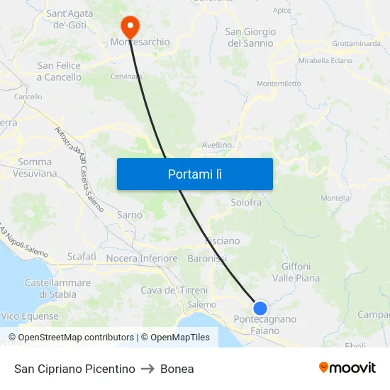 San Cipriano Picentino to Bonea map