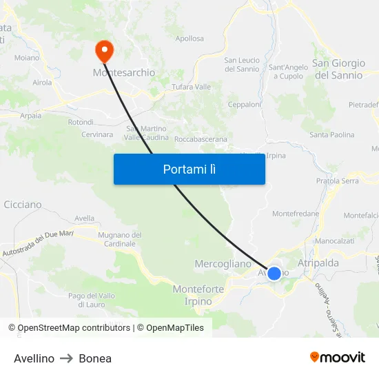 Avellino to Bonea map