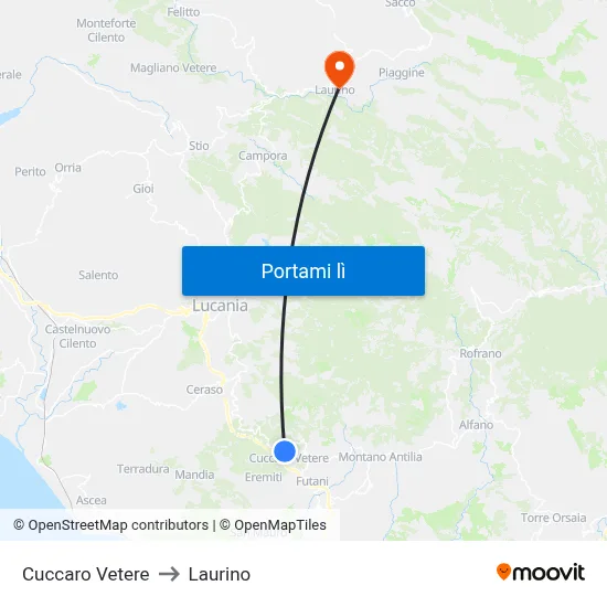 Cuccaro Vetere to Laurino map