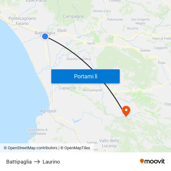 Battipaglia to Laurino map