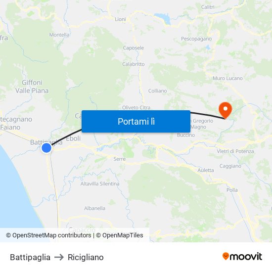 Battipaglia to Ricigliano map