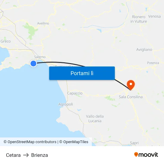 Cetara to Brienza map