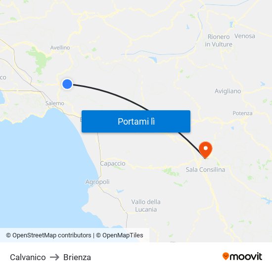 Calvanico to Brienza map