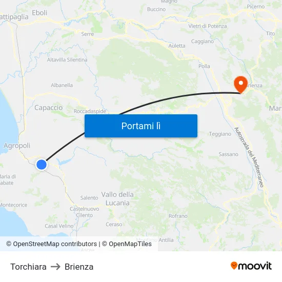 Torchiara to Brienza map