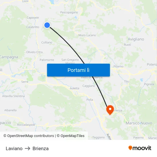 Laviano to Brienza map