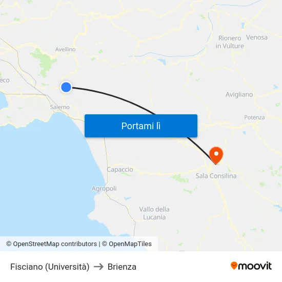 Fisciano (Università) to Brienza map