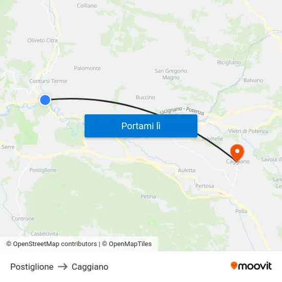 Postiglione to Caggiano map