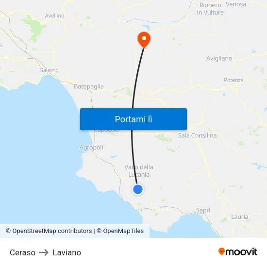 Ceraso to Laviano map