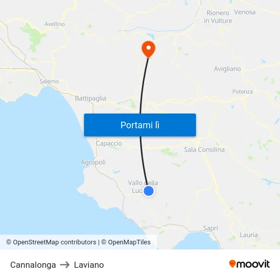 Cannalonga to Laviano map