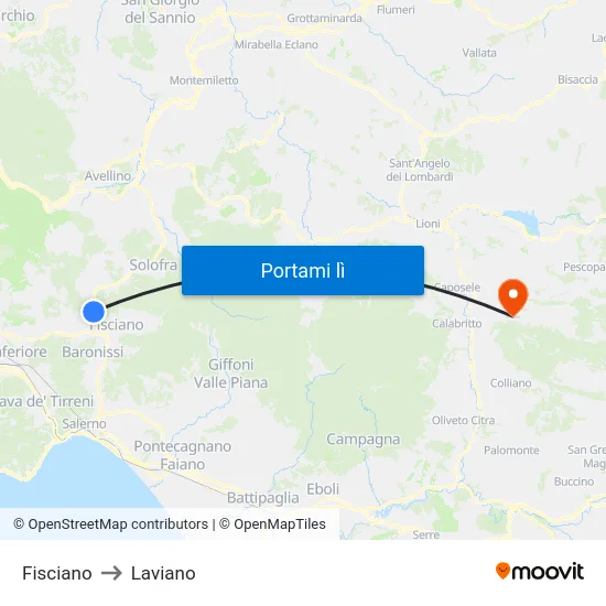 Fisciano to Laviano map