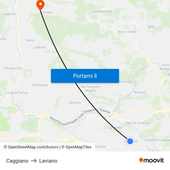 Caggiano to Laviano map