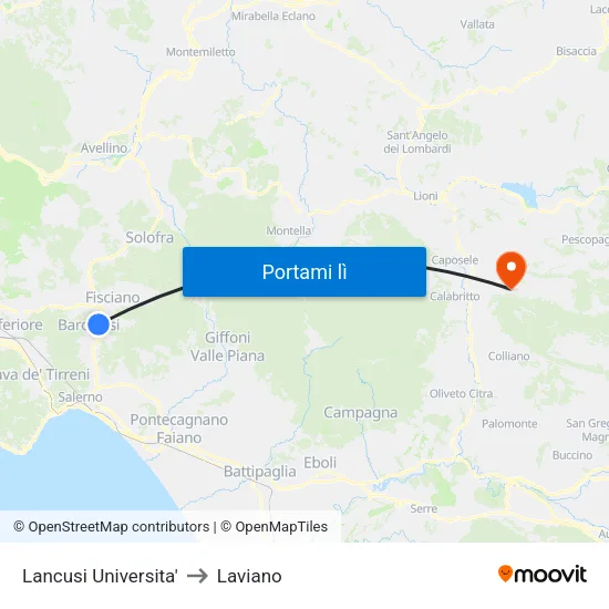 Lancusi Universita' to Laviano map