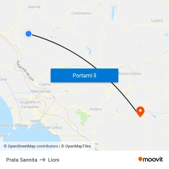 Prata Sannita to Lioni map